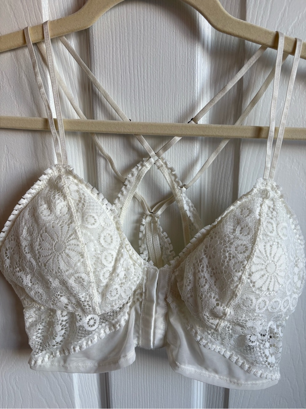 Aerie White Joy Lace Padded Longline Bralette with Front Close, Size Medium